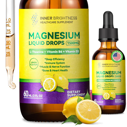 Magnesium Glycinate Liquid Drops 1500mg with Magnesium Citrate & Taurate, L-Theanine, Vitamin D3, B6 - Supports Calm, Sleep, Muscle Relaxation, Leg Cramps & Energy, Lemon Flavor, 60 mL - Maple Wellness Supplements