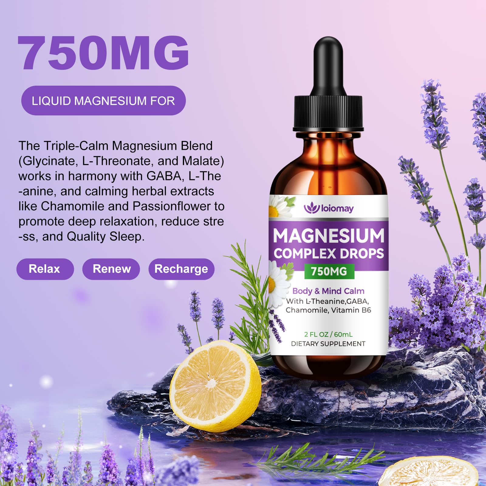 Magnesium Glycinate Liquid Drops for Women & Men, Triple Calm Magnesium Complex Supplement with L-Threonate, Malate, L-Theanine for Kids Adults Calm, Sleep & Mood, Sugar-Free, Natural Flavor, 2 fl oz - Maple Wellness Supplements
