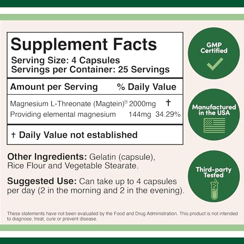 Magnesium L Threonate Capsules (Magtein) – High Absorption Supplement – Bioavailable - Maple Wellness Supplements