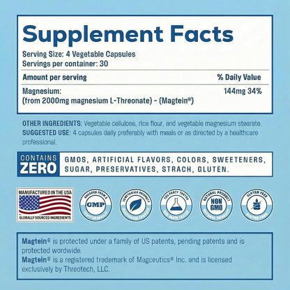 Magnesium L Threonate, Magtein, Brain Supplement for Memory, Focus, Sleep and Cognitive Support, High Absorption Magnesium L-Threonate, Non-GMO - Maple Wellness Supplements