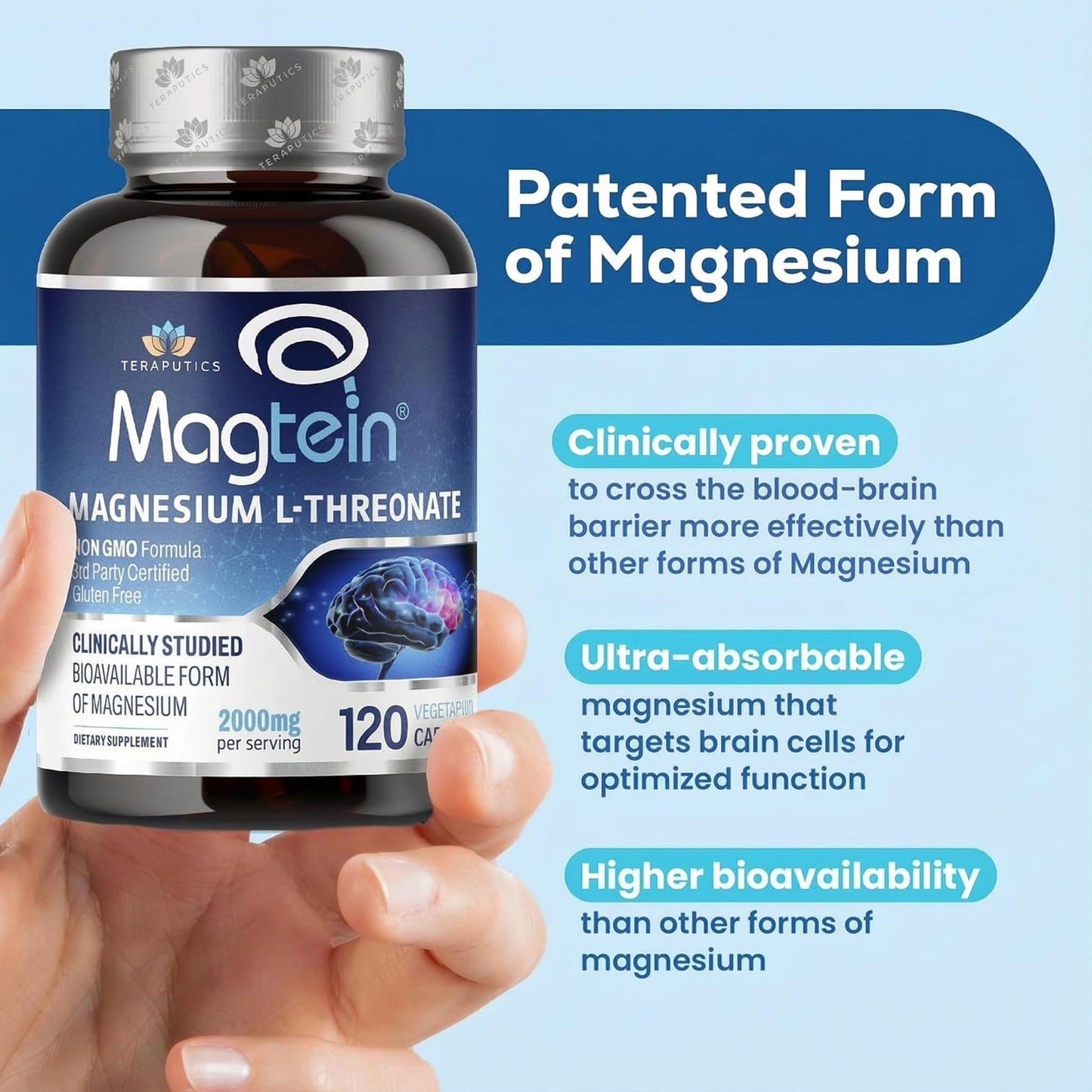 Magnesium L Threonate, Magtein, Brain Supplement for Memory, Focus, Sleep and Cognitive Support, High Absorption Magnesium L-Threonate, Non-GMO - Maple Wellness Supplements