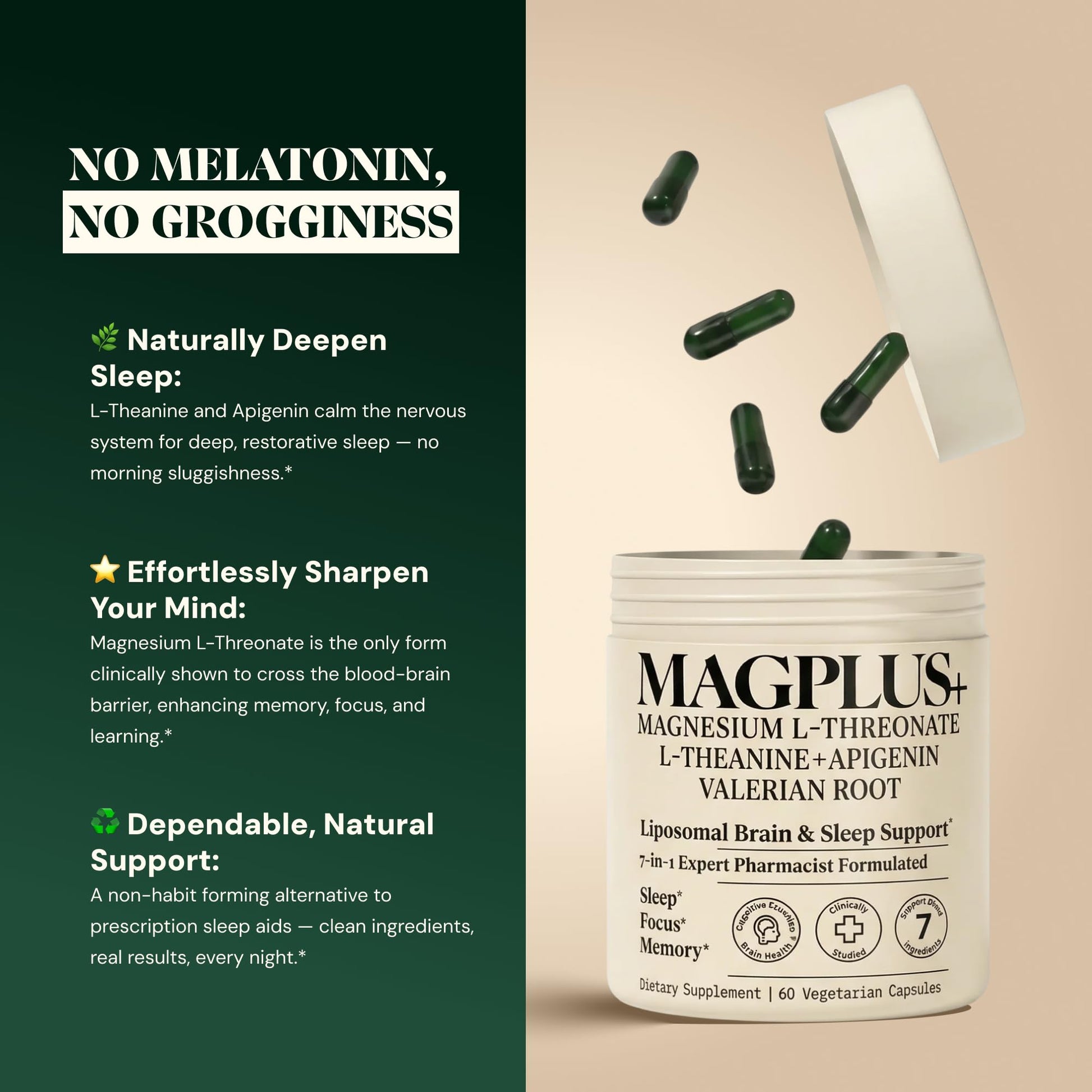 Magnesium L-Threonate with Apigenin, Valerian Root & L-Theanine – No Melatonin Restful Sleep & Brain Supplement – Clinically Studied 7-Ingredient Formula - Maple Wellness Supplements
