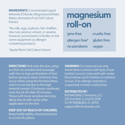 Magnesium Roll On for Adults & Kids, Easy Application for Sore Muscles, Feet, Joints and Leg Cramps, Helps with Sleeping and Post-Workout Recovery, for Sensitive Skin, 3 fl oz, by M3 - Maple Wellness Supplements