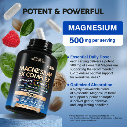Magnesium Supplement - 5 in 1 Complex | Glycinate | Citrate | Malate | Taurate | Oxide - Made in USA - Stress, Muscle & Heart Support - Vegan, Natural, Non-GMO - 180 Capsules, 2 Month Supply - Maple Wellness Supplements