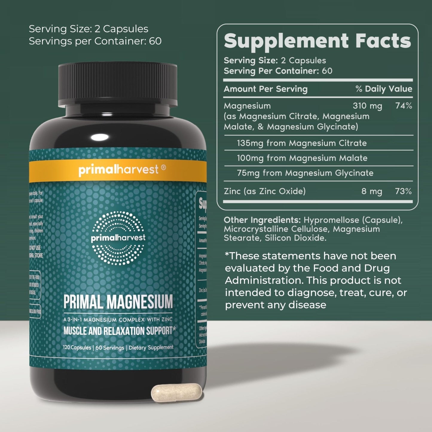 Magnesium Supplement Complex 310mg by Primal Harvest with Magnesium Glycinate, Citrate, Malate, and Zinc 120 Capsules - Maple Wellness Supplements