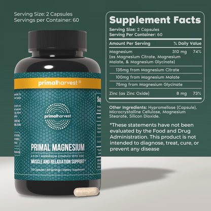 Magnesium Supplement Complex 310mg by Primal Harvest with Magnesium Glycinate, Citrate, Malate, and Zinc 120 Capsules - Maple Wellness Supplements