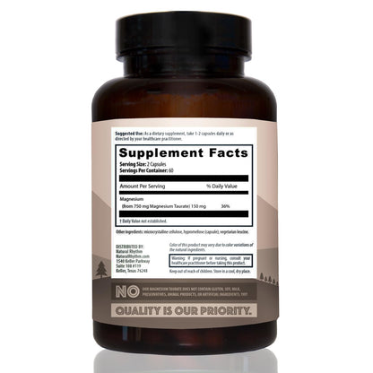 Magnesium Taurate 750mg (150mg Elemental Magnesium) – 120 Vegetarian Capsules – High-Absorption Magnesium Taurate Supplement for Heart, Muscle, and Nerve Support - Maple Wellness Supplements