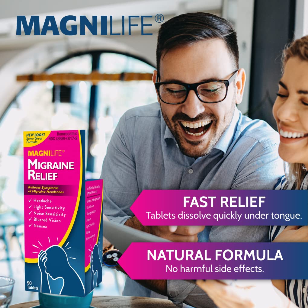 MagniLife Migraine Relief, Non-Habit Forming, 90 Homeopathic Tablets, Migraine Medicine for Light & Sound Sensitivity, Nausea, Blurred Vision & Pressure, Quick-Dissolve Headache Pain Relief - Maple Wellness Supplements