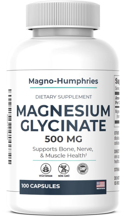 Magno-Humphries Magnesium Glycinate 500 mg - 100 Capsules | Gentle Chelated Form | Muscle, Nerve & Bone Support | Dietary Supplement | GMP Manufactured in The USA - Maple Wellness Supplements