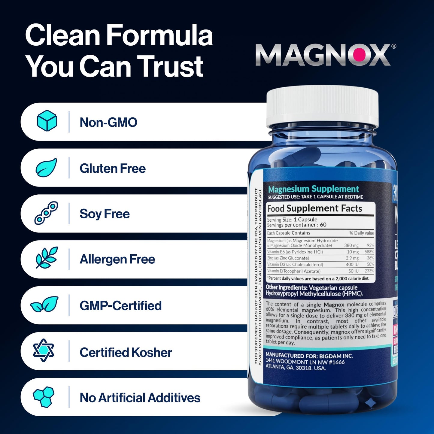 MAGNOX® Buster | Patented Clinically Tested 380mg Magnesium Supplement for Spasms & Leg Cramps at Night | One Capsule a Day for Almost Full Dosage | 3X More Absorption | Dead Sea Minerals (60 Caps) - Maple Wellness Supplements