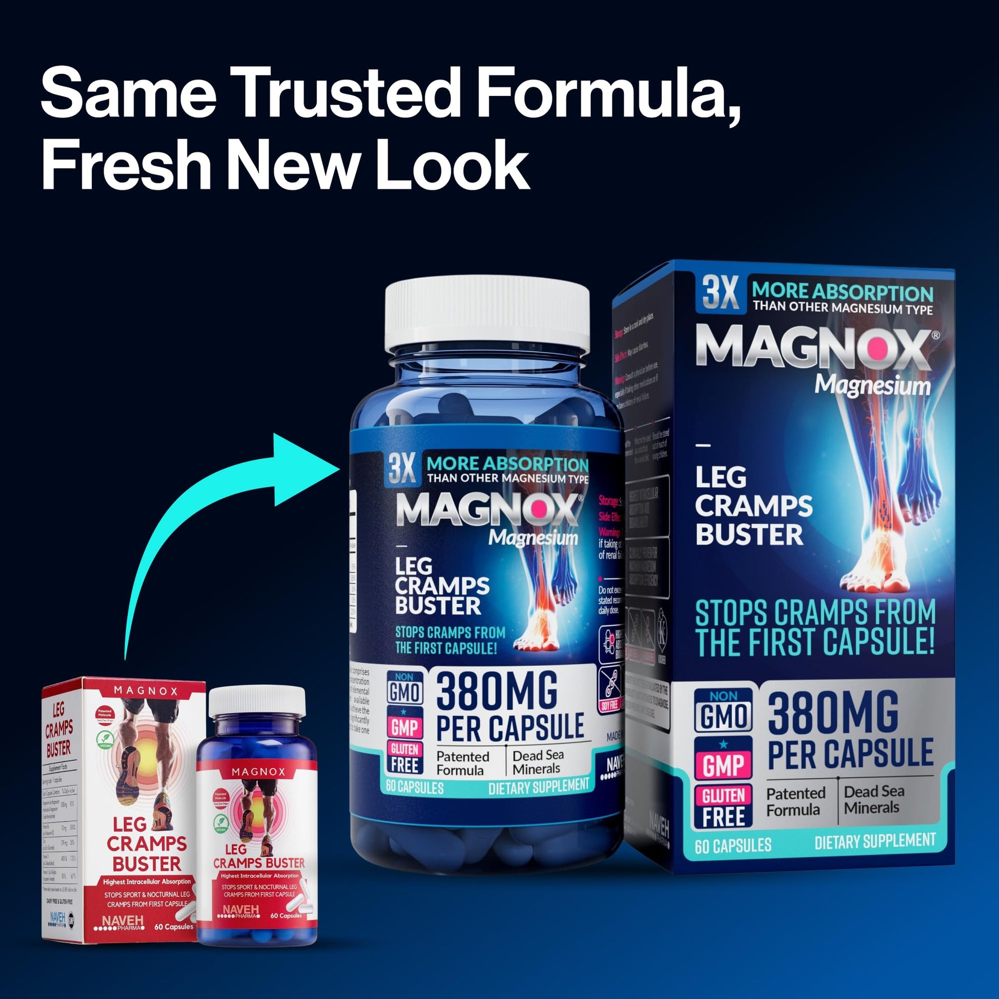MAGNOX® Buster | Patented Clinically Tested 380mg Magnesium Supplement for Spasms & Leg Cramps at Night | One Capsule a Day for Almost Full Dosage | 3X More Absorption | Dead Sea Minerals (60 Caps) - Maple Wellness Supplements