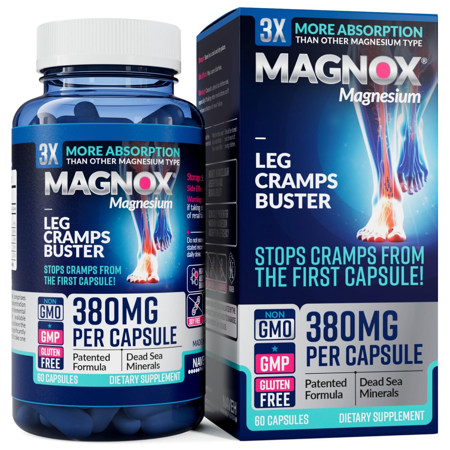 MAGNOX® Buster | Patented Clinically Tested 380mg Magnesium Supplement for Spasms & Leg Cramps at Night | One Capsule a Day for Almost Full Dosage | 3X More Absorption | Dead Sea Minerals (60 Caps) - Maple Wellness Supplements