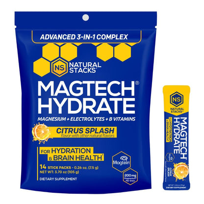 MagTech Magnesium Hydrate Packets - Sugar Free Hydration Powder - Magtein Magnesium L-Threonate, Glycinate & Taurate - 200mg Chelated Triple Complex - Supports Hydration & Brain Health* - 14 Servings - Maple Wellness Supplements