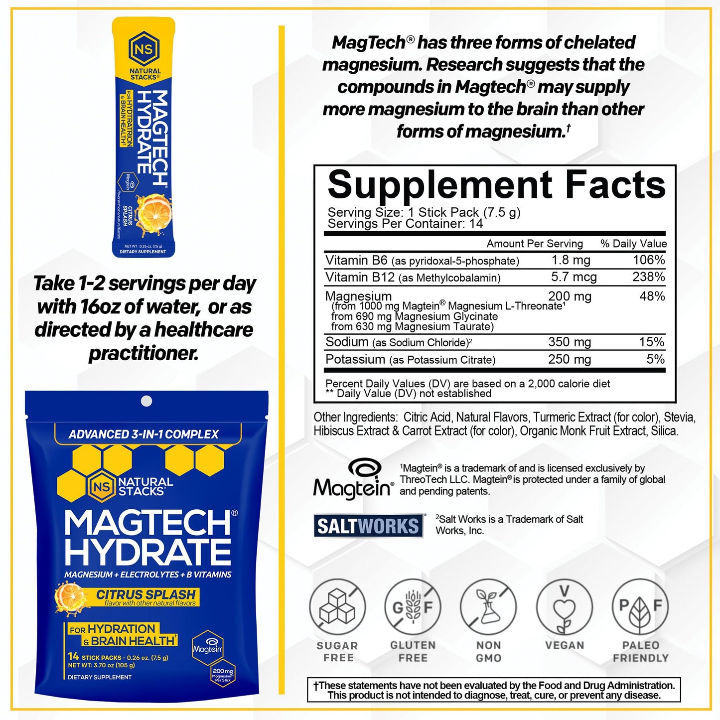 MagTech Magnesium Hydrate Packets - Sugar Free Hydration Powder - Magtein Magnesium L-Threonate, Glycinate & Taurate - 200mg Chelated Triple Complex - Supports Hydration & Brain Health* - 14 Servings - Maple Wellness Supplements