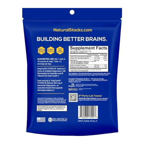 MagTech Magnesium Hydrate Packets - Sugar Free Hydration Powder - Magtein Magnesium L-Threonate, Glycinate & Taurate - 200mg Chelated Triple Complex - Supports Hydration & Brain Health* - 14 Servings - Maple Wellness Supplements