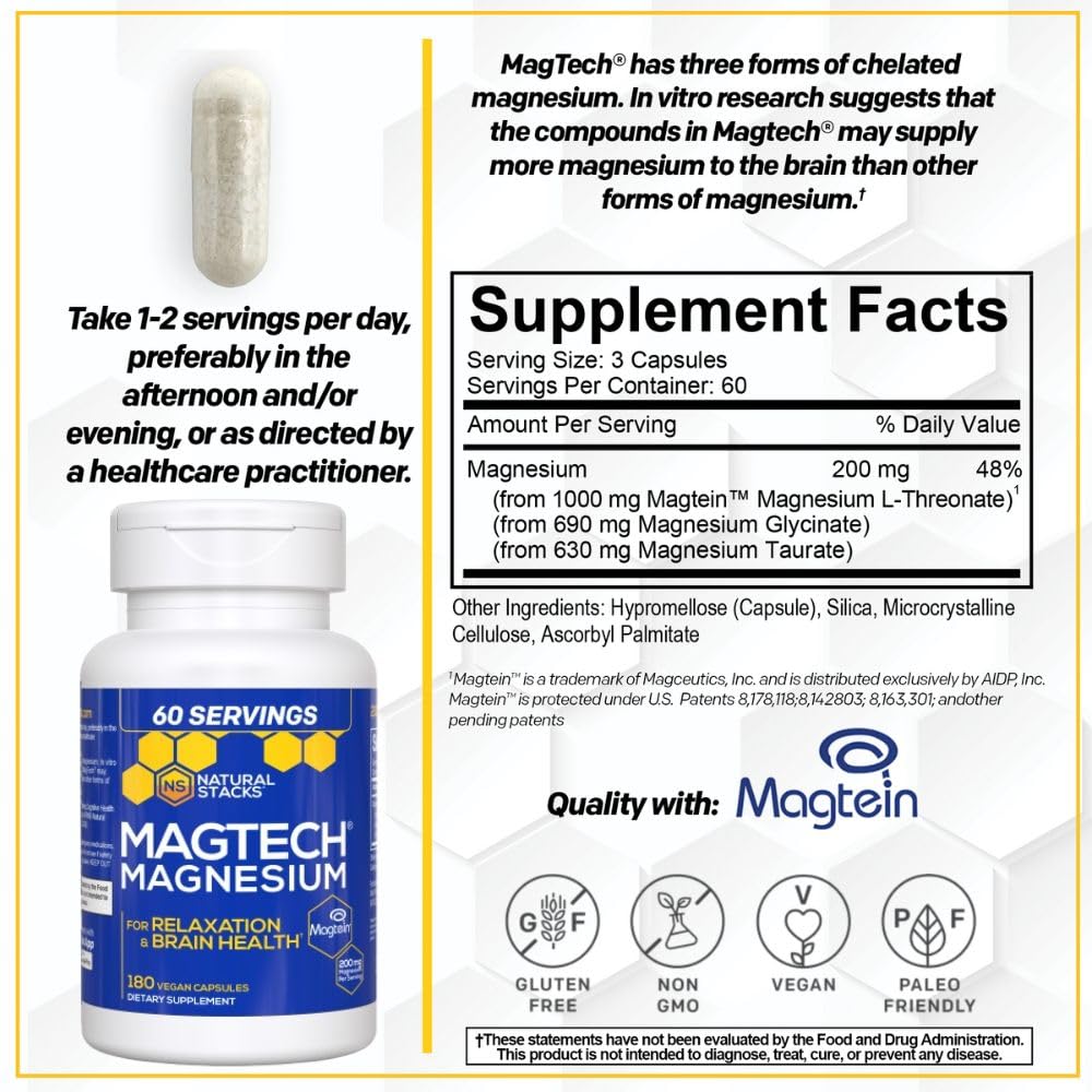 MagTech Magnesium Supplement - 3 Forms of Magnesium: Magtein L-Threonate, Glycinate & Taurate - 200mg Chelated Magnesium Complex - Maple Wellness Supplements