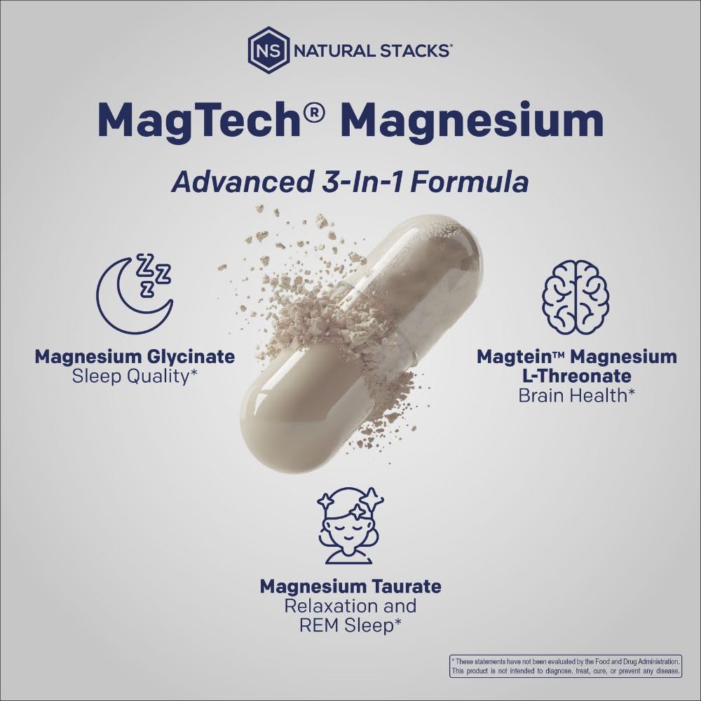 MagTech Magnesium Supplement - 3 Forms of Magnesium: Magtein L-Threonate, Glycinate & Taurate - 200mg Chelated Magnesium Complex - Maple Wellness Supplements