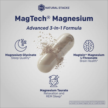 MagTech Magnesium Supplement - 3 Forms of Magnesium: Magtein L-Threonate, Glycinate & Taurate - 200mg Chelated Magnesium Complex - Maple Wellness Supplements