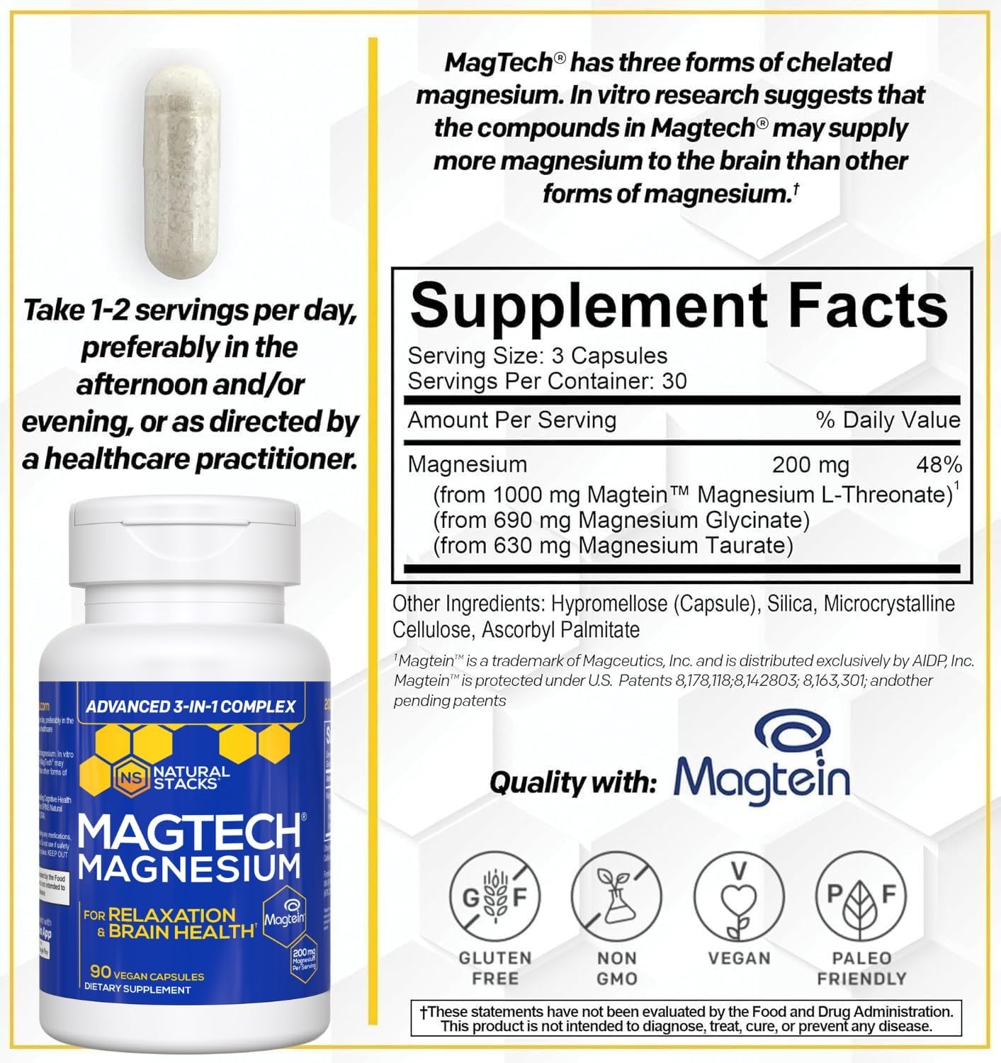 Magtein Magnesium L-Threonate, Glycinate & Taurate – 200mg Chelated Magnesium Complex – MagTech Magnesium Supplement for Relaxation & Brain Health – 90 Capsules - Maple Wellness Supplements