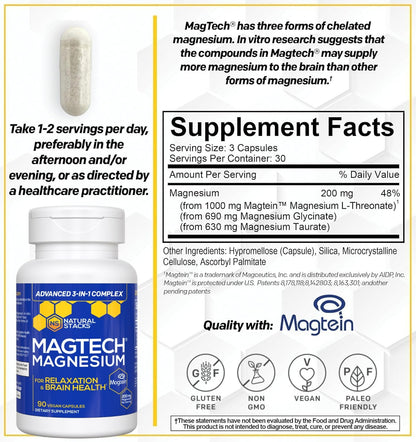 Magtein Magnesium L-Threonate, Glycinate & Taurate – 200mg Chelated Magnesium Complex – MagTech Magnesium Supplement for Relaxation & Brain Health – 90 Capsules - Maple Wellness Supplements