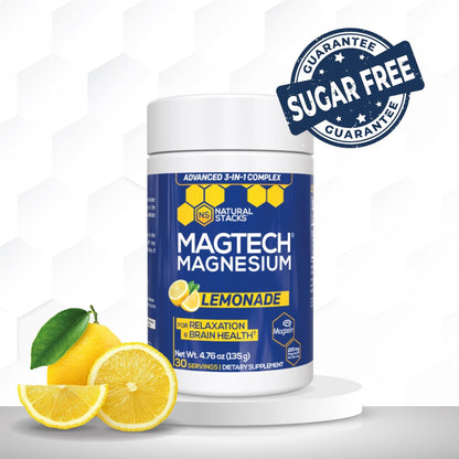 Magtein Magnesium L-Threonate, Glycinate & Taurate - MagTech Magnesium Powder - Sugar Free Lemonade Drink - 200mg Chelated Triple Complex - Supports Relaxation & Brain Health* - 30 Servings - Maple Wellness Supplements