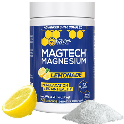 Magtein Magnesium L-Threonate, Glycinate & Taurate - MagTech Magnesium Powder - Sugar Free Lemonade Drink - 200mg Chelated Triple Complex - Supports Relaxation & Brain Health* - 30 Servings - Maple Wellness Supplements