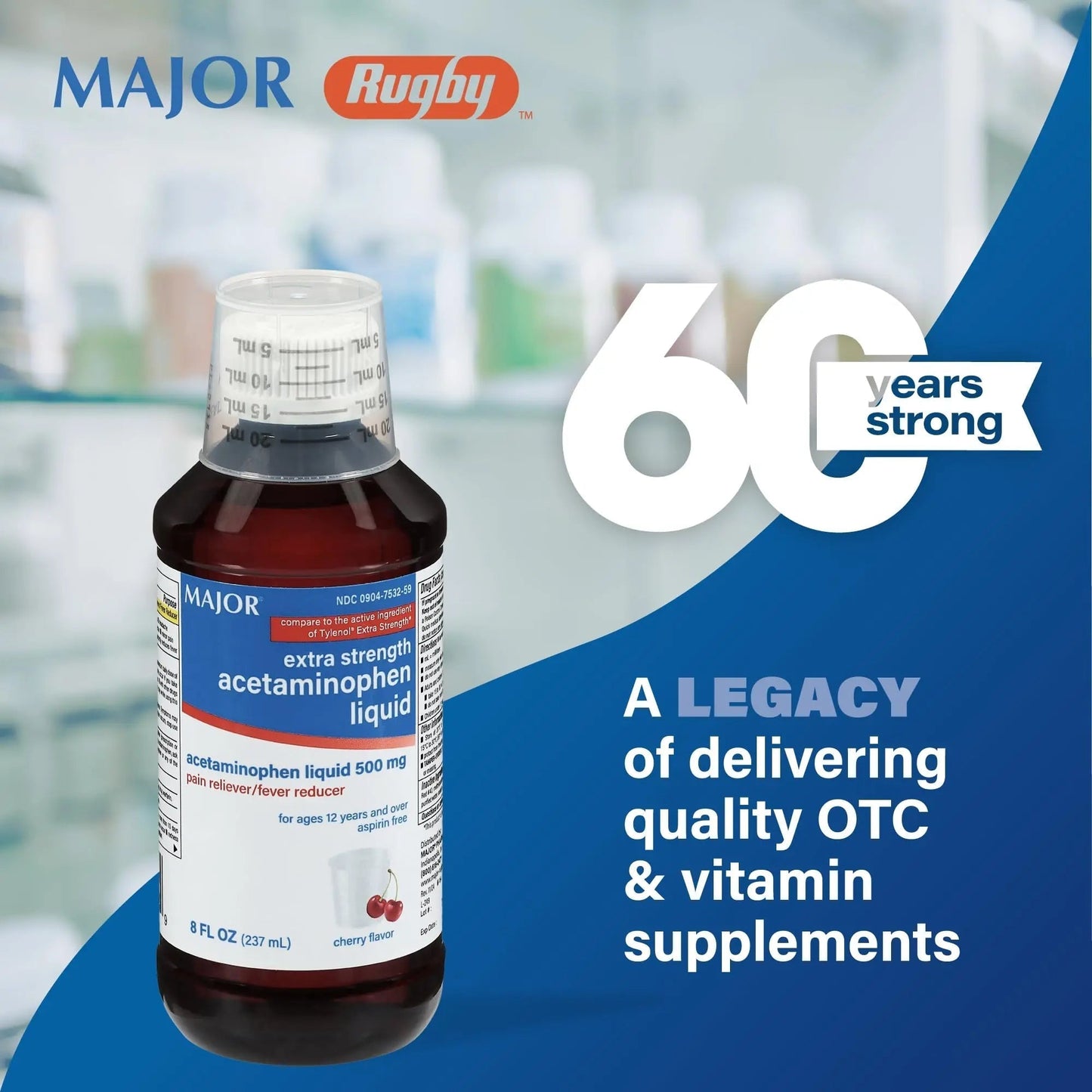 MAJOR Adult Extra Strength Liquid Acetaminophen 500mg - Helps Relieve Pain and Reduce Fevers - Aspirin Free - Cherry Flavor - 8 Fl Oz (2 Pack) - Maple Wellness Supplements