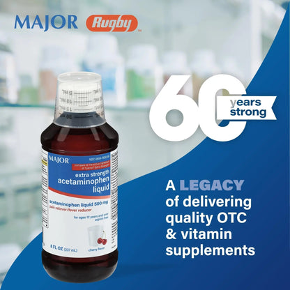 MAJOR Adult Extra Strength Liquid Acetaminophen 500mg - Helps Relieve Pain and Reduce Fevers - Aspirin Free - Cherry Flavor - 8 Fl Oz (2 Pack) - Maple Wellness Supplements