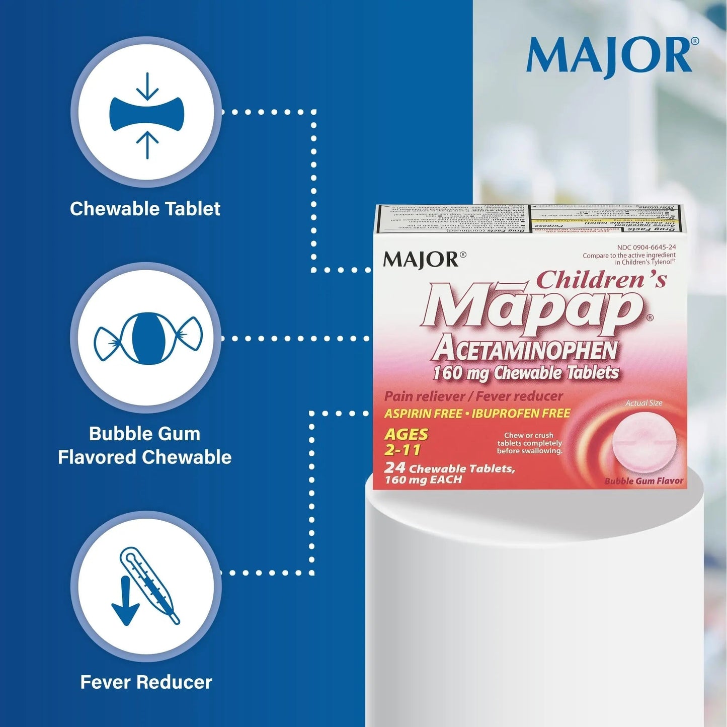 MAJOR Children’s Mapap Acetaminophen 160 mg Chewable Tablets - Pain Reliever/Fever Reducer - Aspirin Free - Ibuprofen Free - for Ages 2 to 11-24 Count (3 Pack) - Maple Wellness Supplements