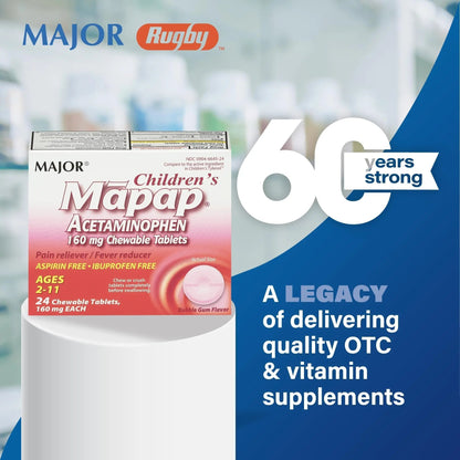 MAJOR Children’s Mapap Acetaminophen 160 mg Chewable Tablets - Pain Reliever/Fever Reducer - Aspirin Free - Ibuprofen Free - for Ages 2 to 11-24 Count (3 Pack) - Maple Wellness Supplements