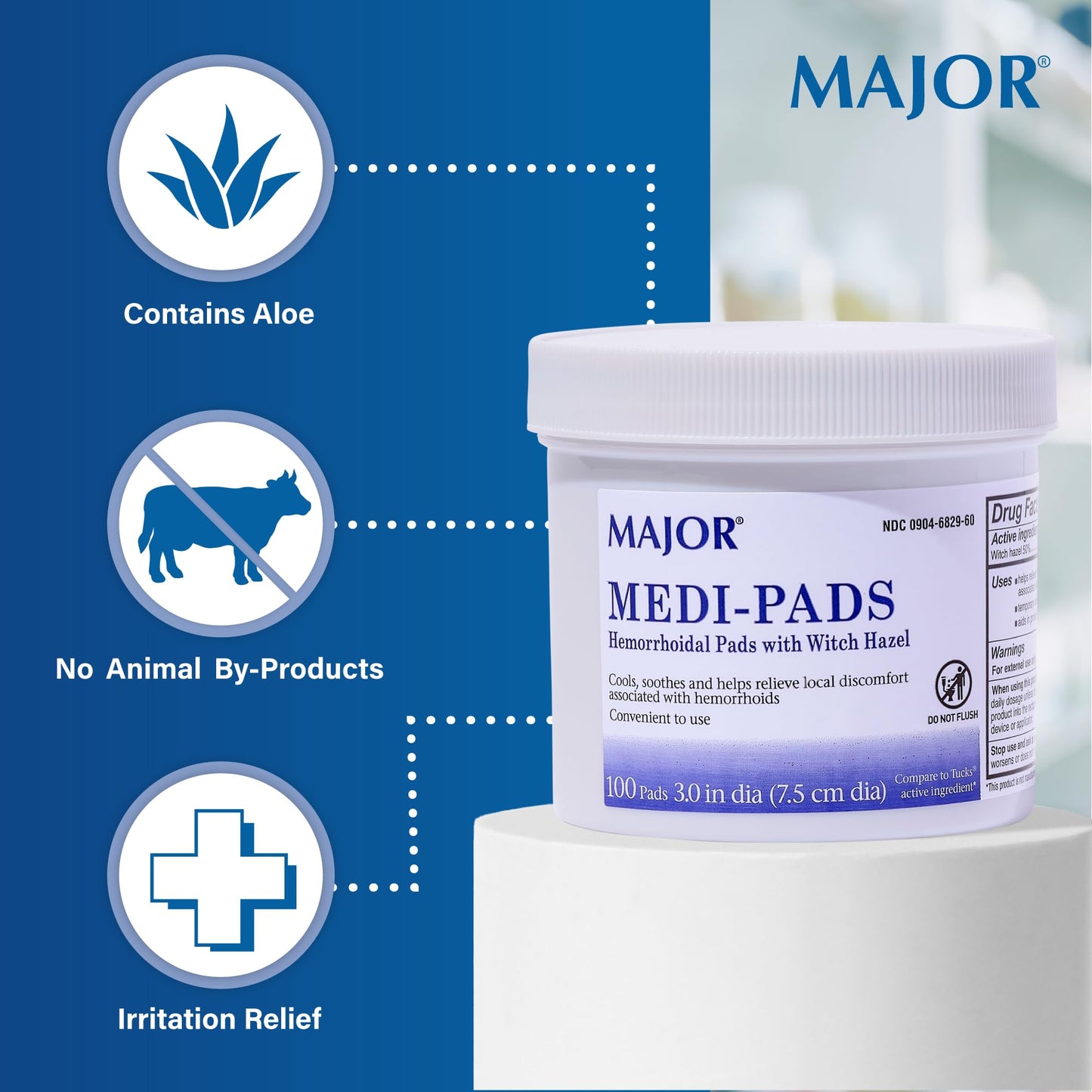 MAJOR Medi-Pads - Hemorrhoidal Hygienic Cleansing Witch Hazel Pads - Cooling Relief with Aloe - 100 Count Jar (1 Pack) - Maple Wellness Supplements