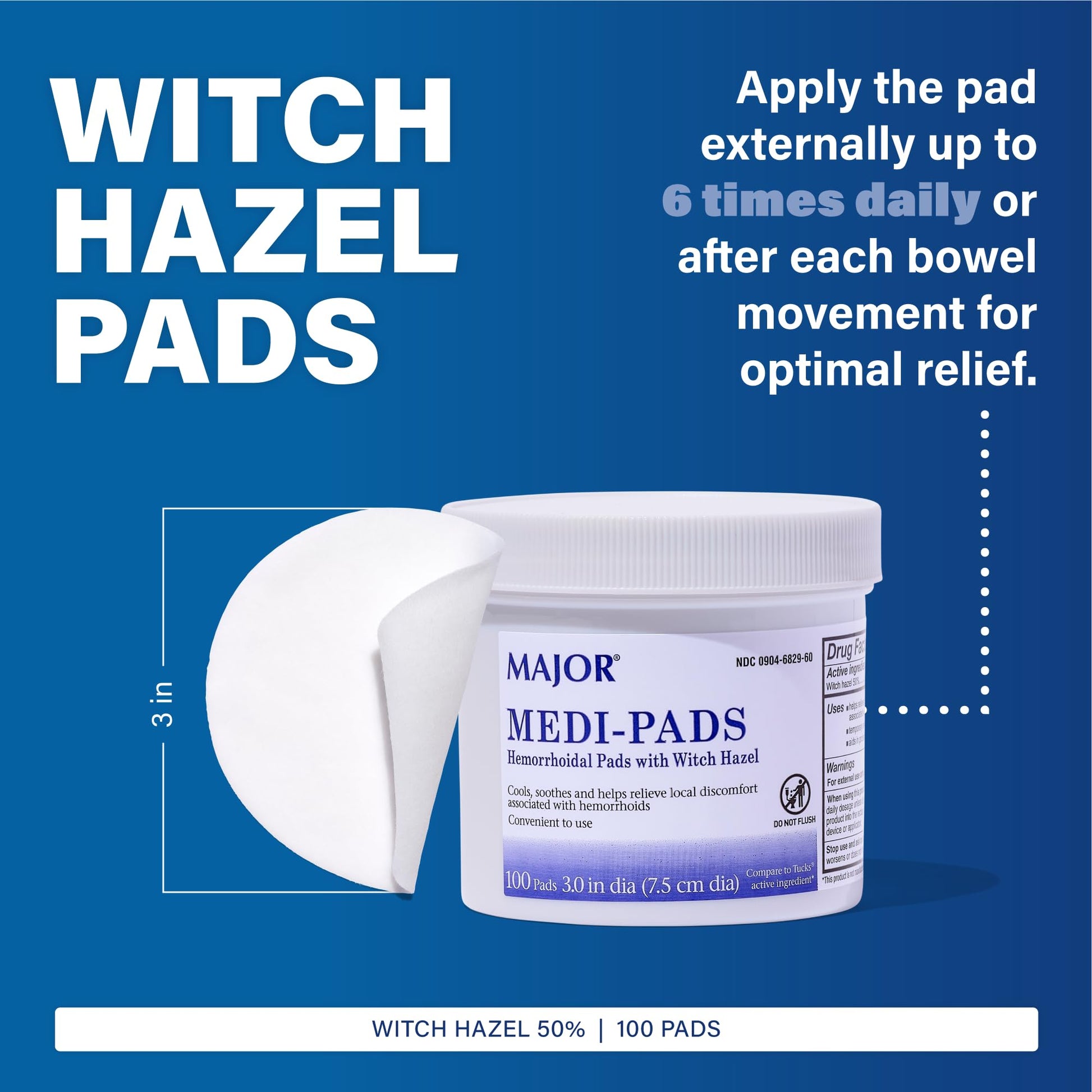 MAJOR Medi-Pads - Hemorrhoidal Hygienic Cleansing Witch Hazel Pads - Cooling Relief with Aloe - 100 Count Jar (2 Pack) - Maple Wellness Supplements