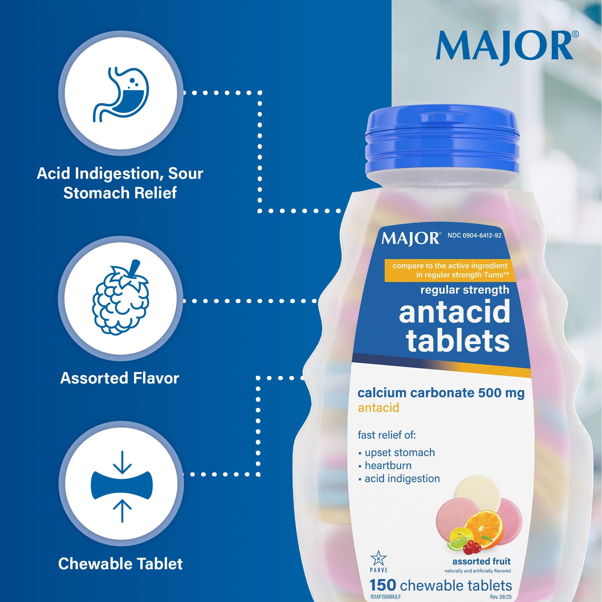MAJOR Regular Strength Antacid Tablets - Calcium Carbonate 500 mg - Assorted Fruit Flavor - 150 Chewable Count (2 Pack) - Maple Wellness Supplements
