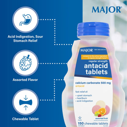MAJOR Regular Strength Antacid Tablets - Calcium Carbonate 500 mg - Assorted Fruit Flavor - 150 Chewable Count (2 Pack) - Maple Wellness Supplements