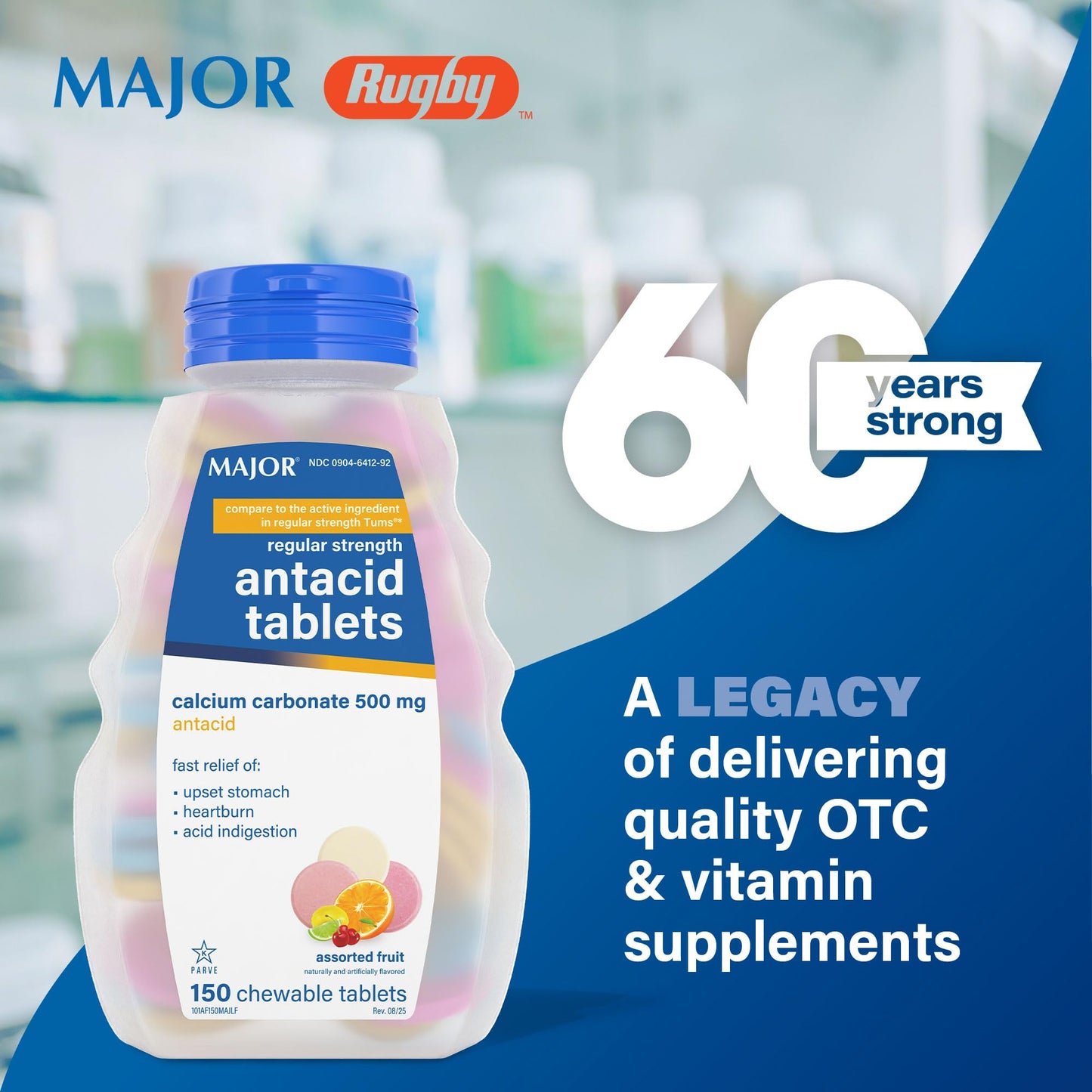 MAJOR Regular Strength Antacid Tablets - Calcium Carbonate 500 mg - Assorted Fruit Flavor - 150 Chewable Count (2 Pack) - Maple Wellness Supplements