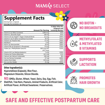 Mama's Select Postnatal Vitamins – Boosts Hair Recovery, Milk Supply, & Wellness – Allergen-Free, Vegan, MTHFR Friendly, Methylated Folate & B Vitamins, - Maple Wellness Supplements