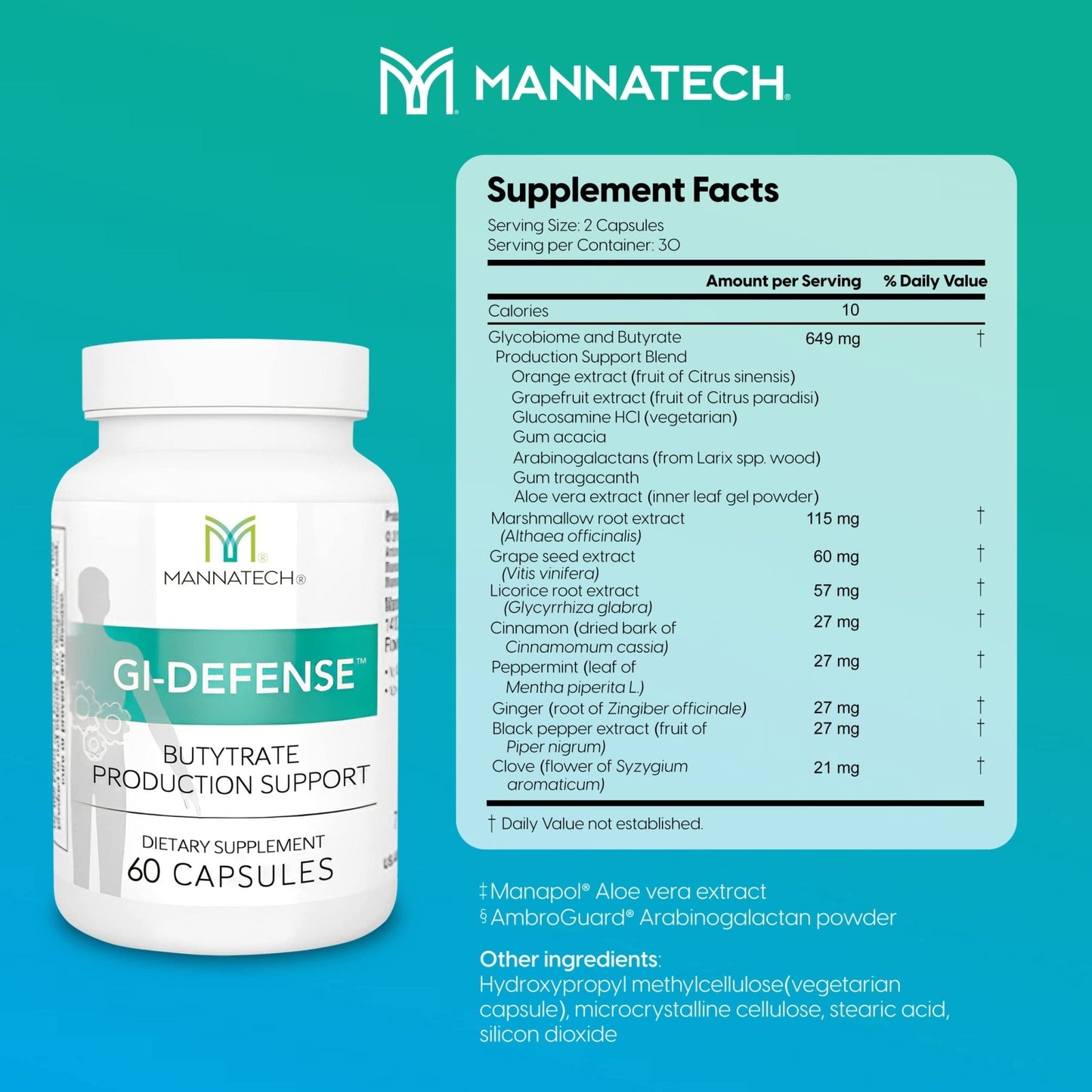 Mannatech Butyrate Supplement - Supports Gut Barrier Function, Intestinal Health, and Digestive Comfort - Promotes Short Chain Fatty Acid Production, Immune Support Supplement GI-Defense 60 Capsules - Maple Wellness Supplements