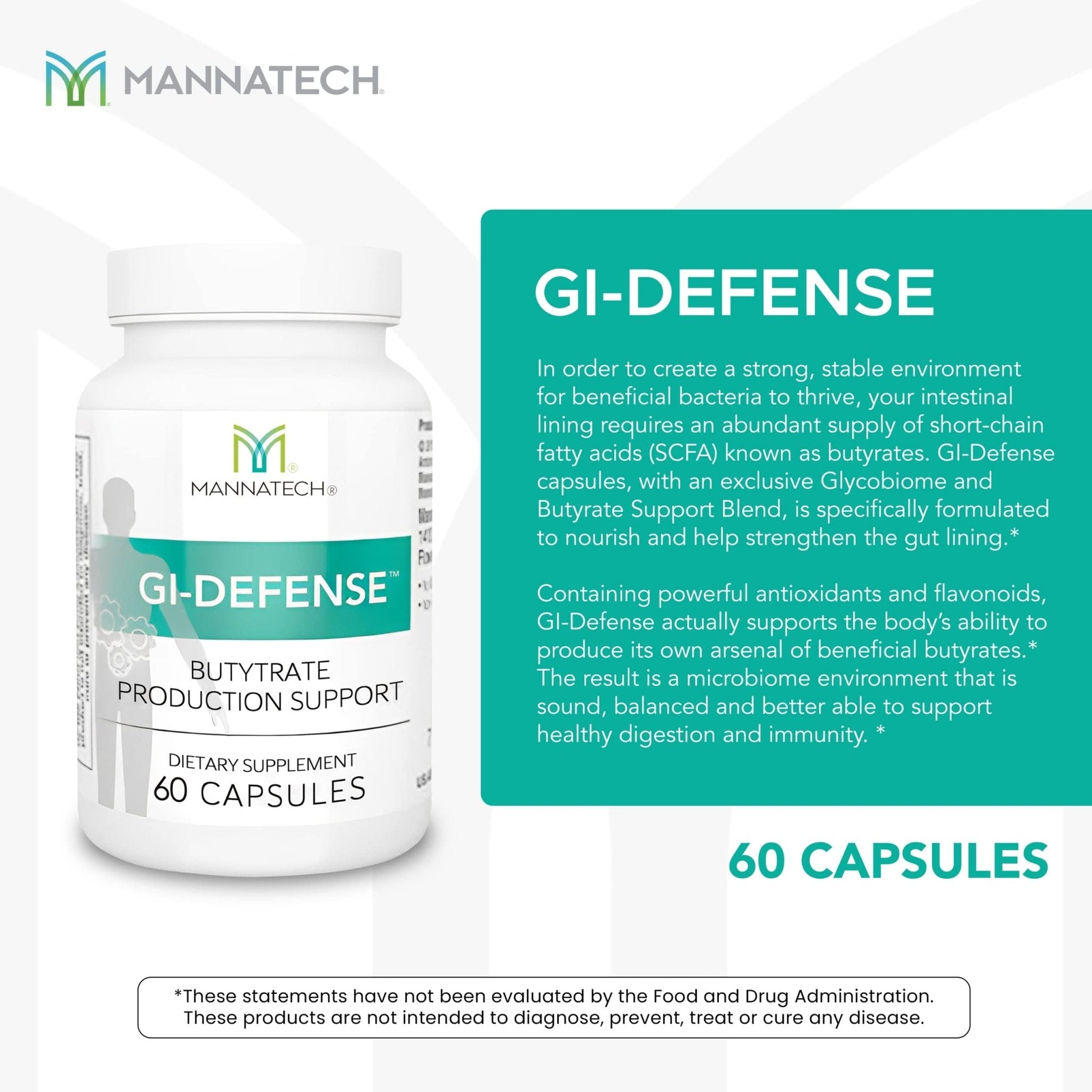 Mannatech Butyrate Supplement - Supports Gut Barrier Function, Intestinal Health, and Digestive Comfort - Promotes Short Chain Fatty Acid Production, Immune Support Supplement GI-Defense 60 Capsules - Maple Wellness Supplements