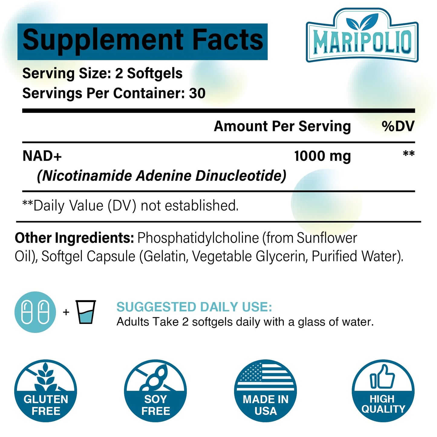 Maripolio Liposomal NAD+ 1000 mg Supplement | High Bioavailability Liposomal Delivery | Cellular Energy & Wellness Support | Pure NAD+ Dietary Supplement for Men,Women, 60 Softgels - Maple Wellness Supplements