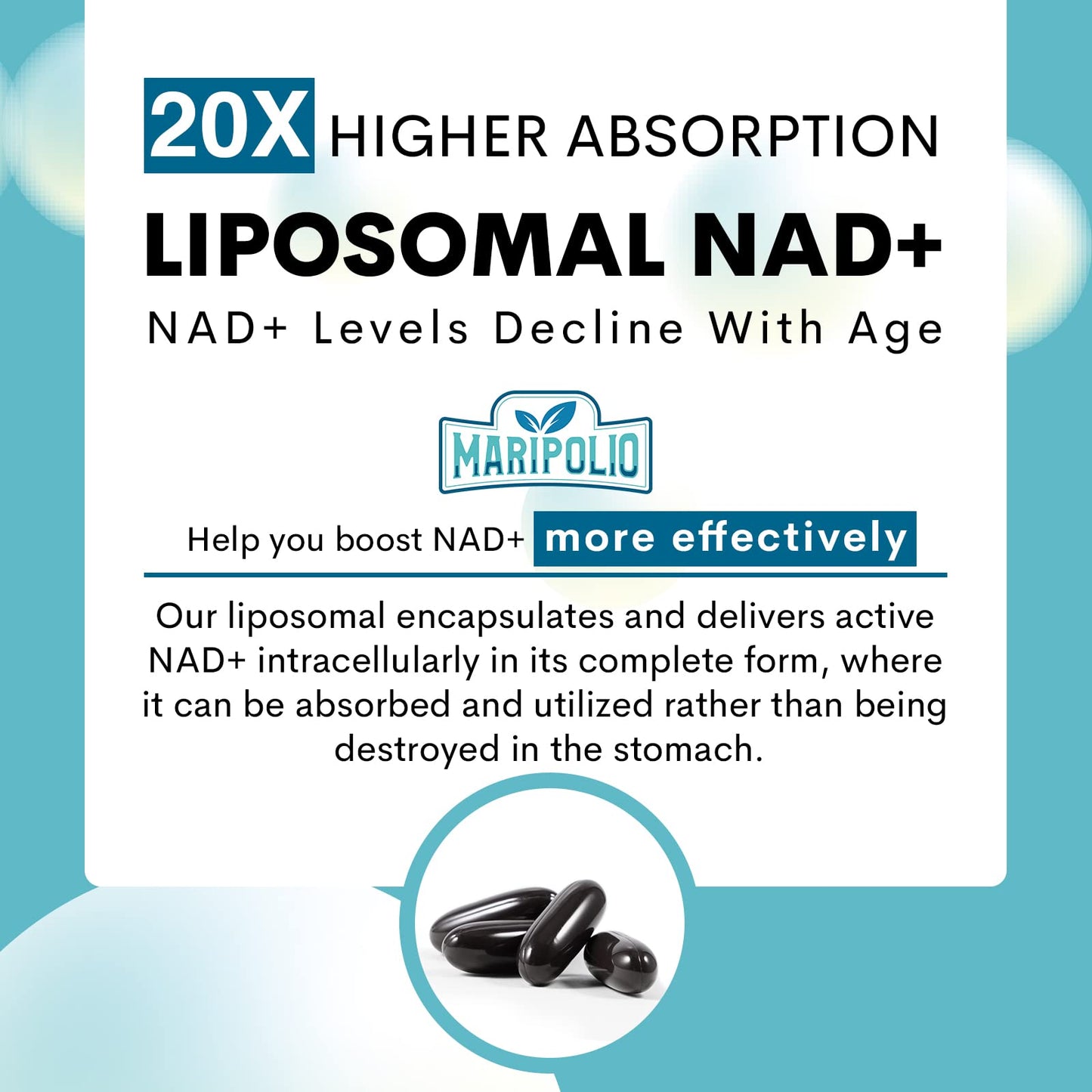 Maripolio Liposomal NAD+ 1000 mg Supplement | High Bioavailability Liposomal Delivery | Cellular Energy & Wellness Support | Pure NAD+ Dietary Supplement for Men,Women, 60 Softgels - Maple Wellness Supplements