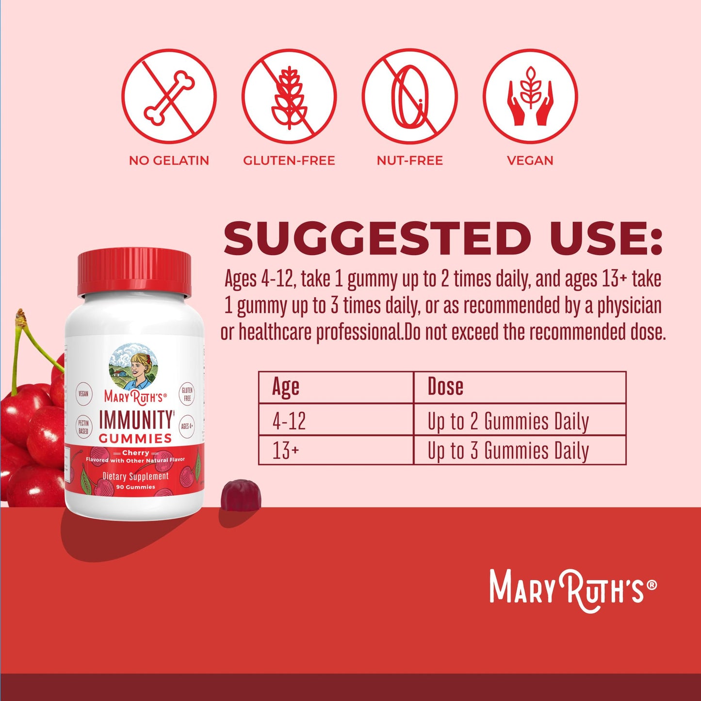 Mary Ruth's 5-1 Immunity Gummies with Elderberry for Kids & Adults | Cherry | Pectin Based | Vegan | 90 Count - Maple Wellness Supplements