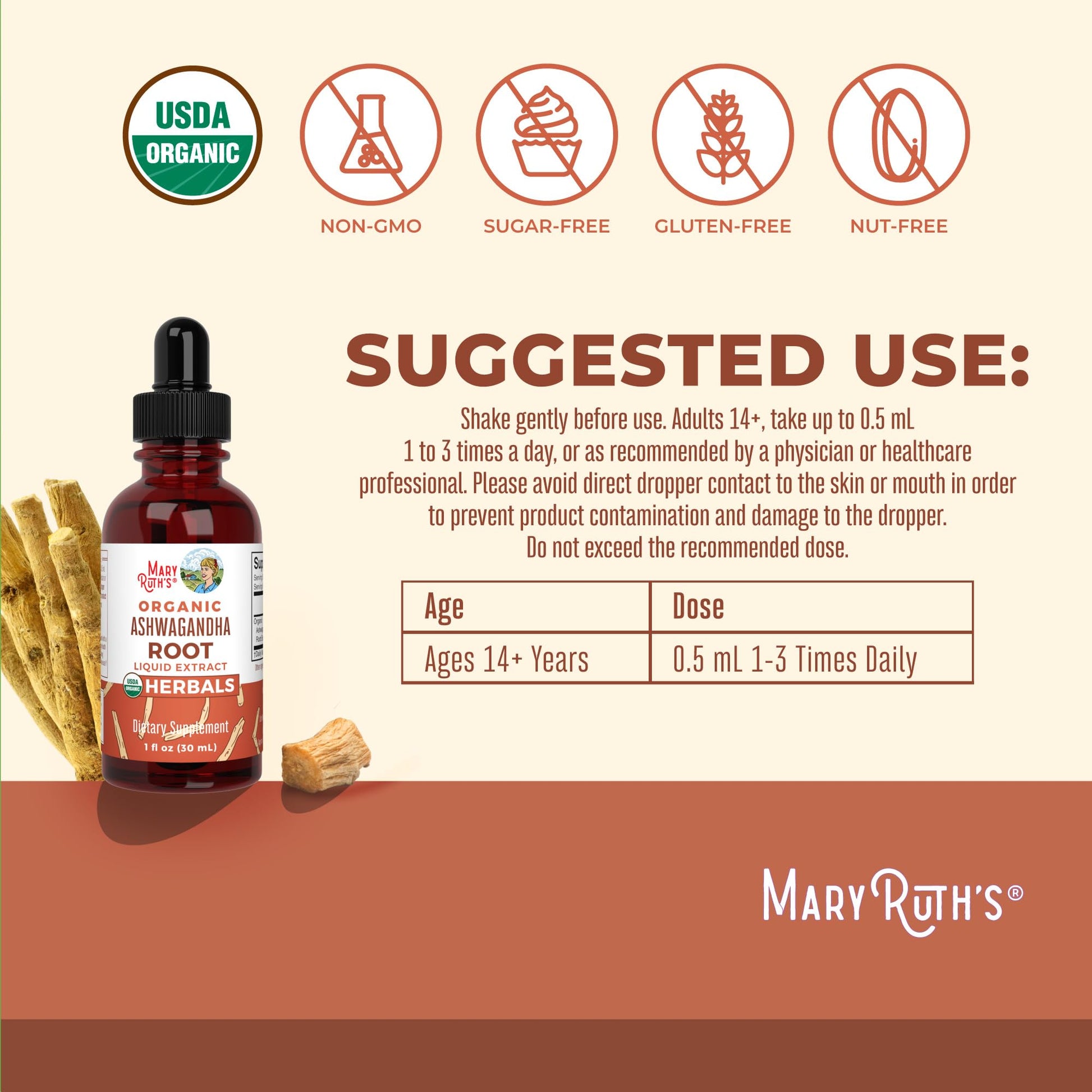 MaryRuth Organics Ashwagandha Root | USDA Organic Ashwagandha Liquid Drops | Stress Relief, Natural Calm, Relaxation and Mood Support Supplement | Adaptogenic | Nervine | Vegan | Non-GMO | 60 Servings - Maple Wellness Supplements