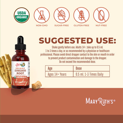 MaryRuth Organics Ashwagandha Root | USDA Organic Ashwagandha Liquid Drops | Stress Relief, Natural Calm, Relaxation and Mood Support Supplement | Adaptogenic | Nervine | Vegan | Non-GMO | 60 Servings - Maple Wellness Supplements