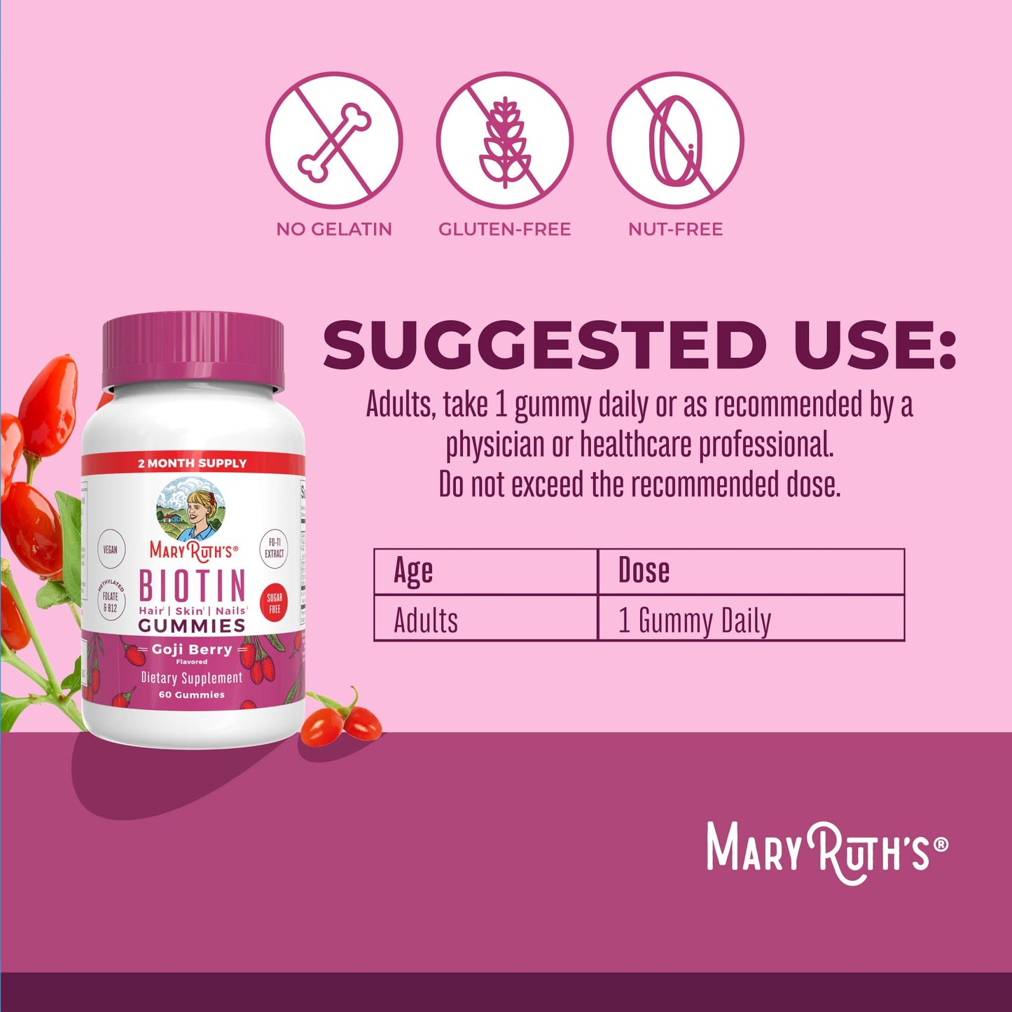 MaryRuth Organics Biotin Gummies | Sugar Free | Vegan | Non-GMO | 2,500 mcg Biotin Supplement | Hair Skin and Nails Vitamins | Hair Growth Vitamins | Hair Growth Supplement | 60 Count - Maple Wellness Supplements