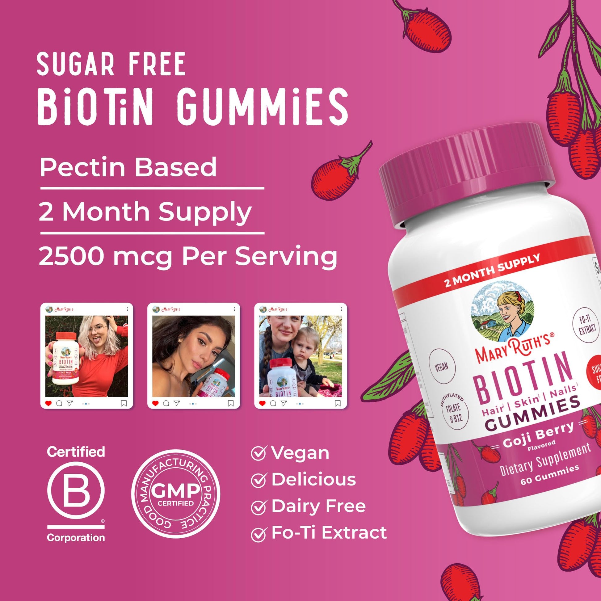 MaryRuth Organics Biotin Gummies | Sugar Free | Vegan | Non-GMO | 2,500 mcg Biotin Supplement | Hair Skin and Nails Vitamins | Hair Growth Vitamins | Hair Growth Supplement | 60 Count - Maple Wellness Supplements