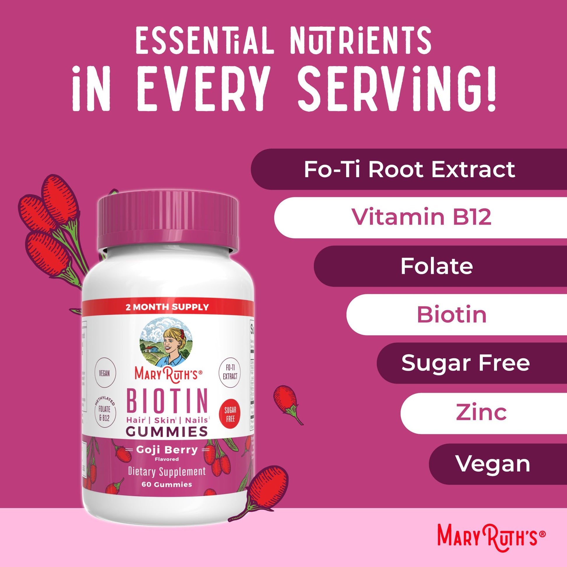 MaryRuth Organics Biotin Gummies | Sugar Free | Vegan | Non-GMO | 2,500 mcg Biotin Supplement | Hair Skin and Nails Vitamins | Hair Growth Vitamins | Hair Growth Supplement | 60 Count - Maple Wellness Supplements
