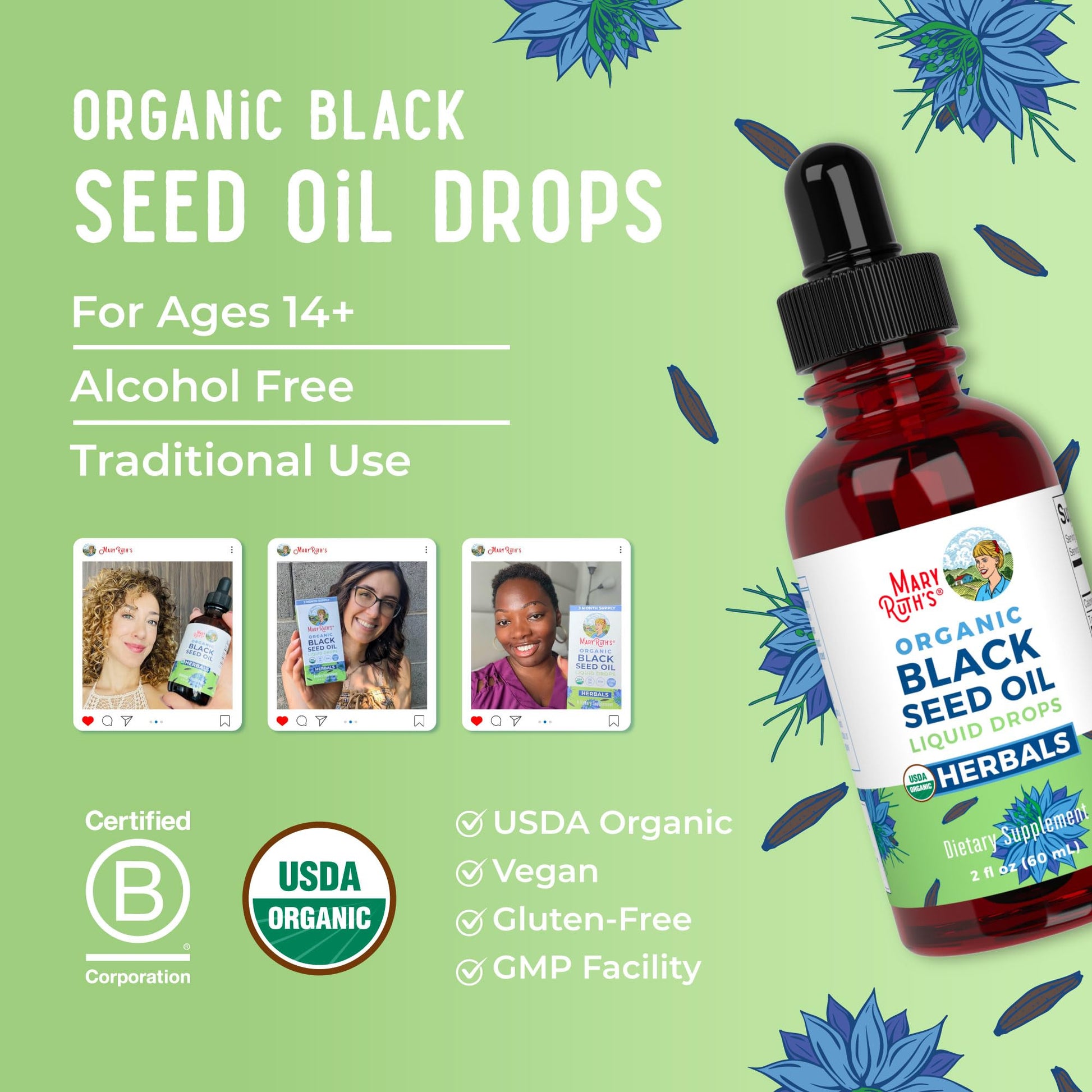 MaryRuth Organics Black Seed Oil Liquid Drops Cold Pressed | 3 Month Supply | USDA Organic Black Cumin Seed Oil | Immune Support | Respiratory Health | Sugar&Gluten Free | Vegan | Non-GMO | 2 Fl Oz - Maple Wellness Supplements