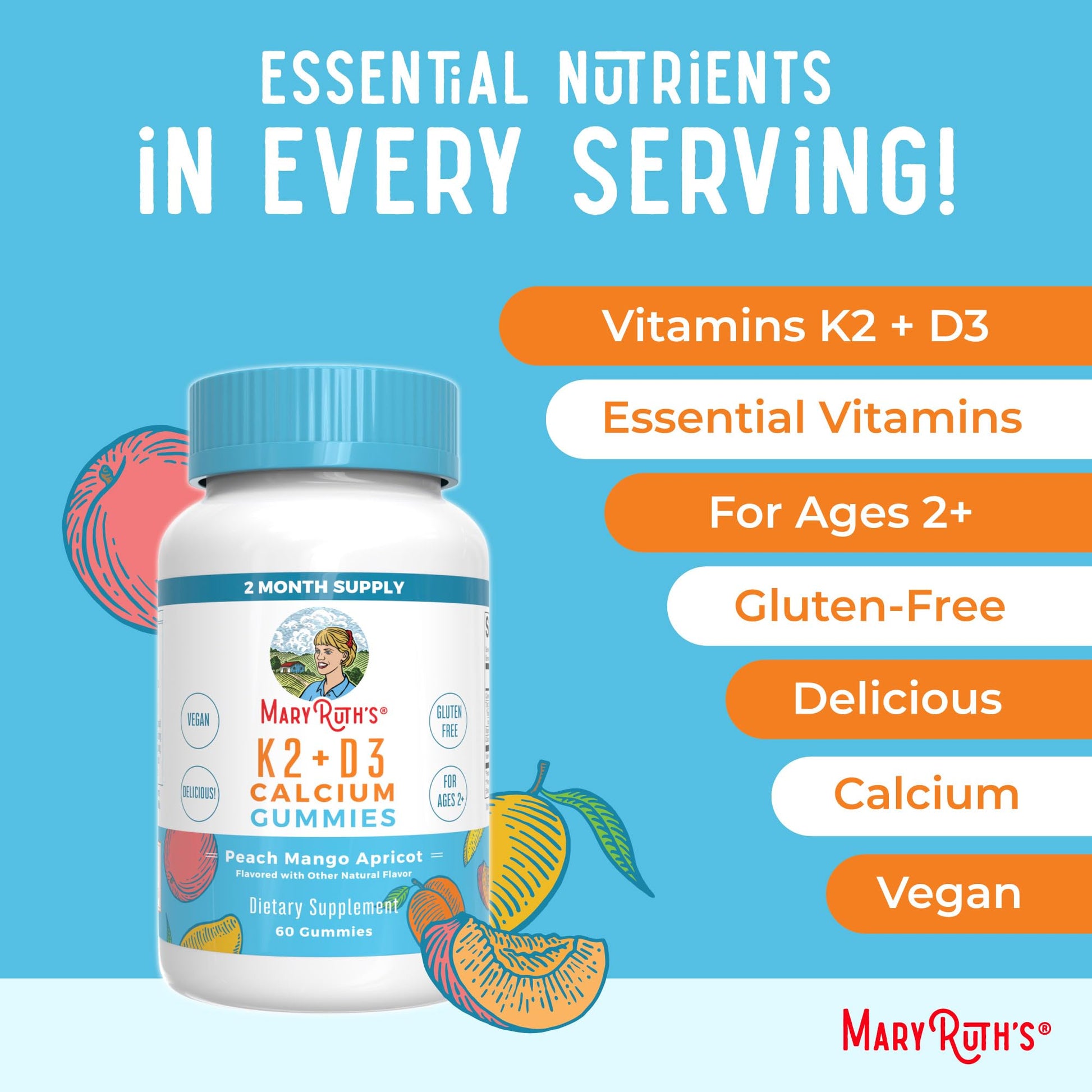 MaryRuth Organics Calcium with Vitamin D & Vitamin K2, 2 Month Supply, Calcium Supplement Supports Bone Health & Joint Support, with Vitamins D3 K2 Gummies, Vegan, Non-GMO, Gluten Free, 60 Count - Maple Wellness Supplements
