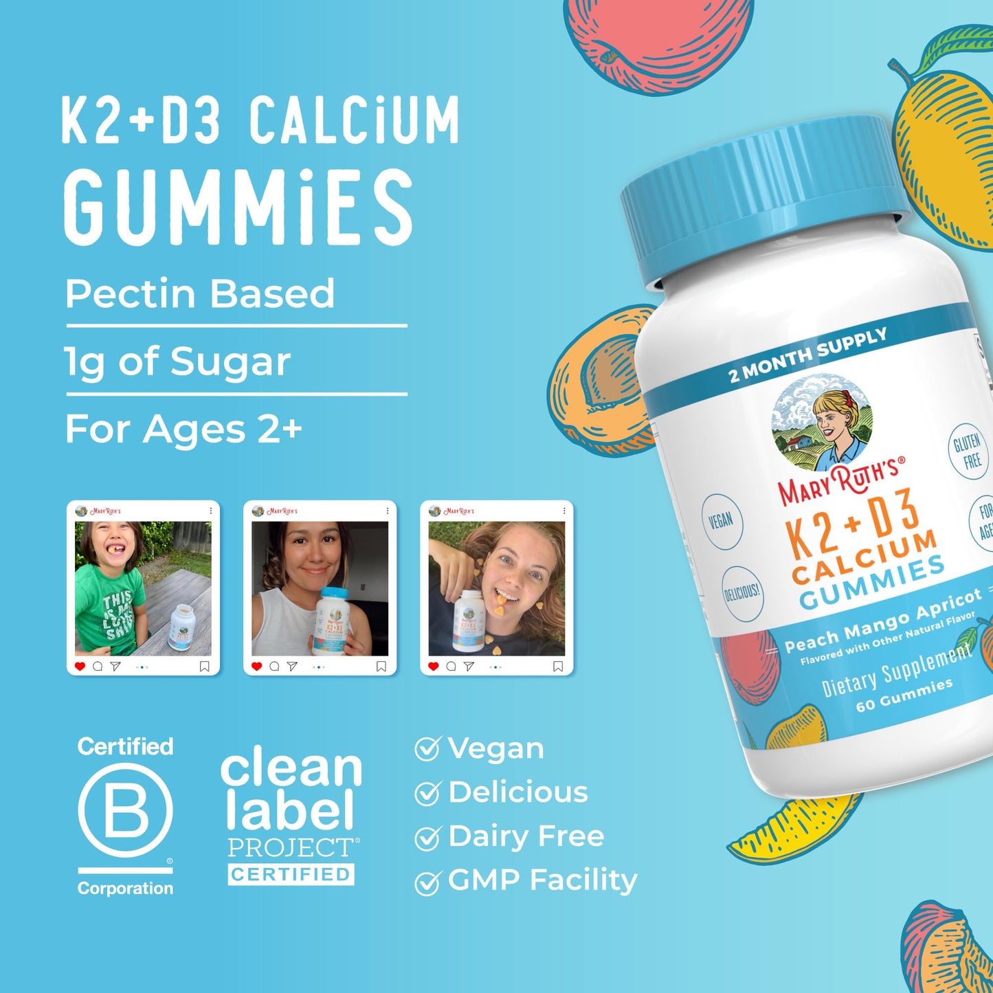 MaryRuth Organics Calcium with Vitamin D & Vitamin K2, 2 Month Supply, Calcium Supplement Supports Bone Health & Joint Support, with Vitamins D3 K2 Gummies, Vegan, Non-GMO, Gluten Free, 60 Count - Maple Wellness Supplements