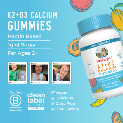 MaryRuth Organics Calcium with Vitamin D & Vitamin K2, 2 Month Supply, Calcium Supplement Supports Bone Health & Joint Support, with Vitamins D3 K2 Gummies, Vegan, Non-GMO, Gluten Free, 60 Count - Maple Wellness Supplements